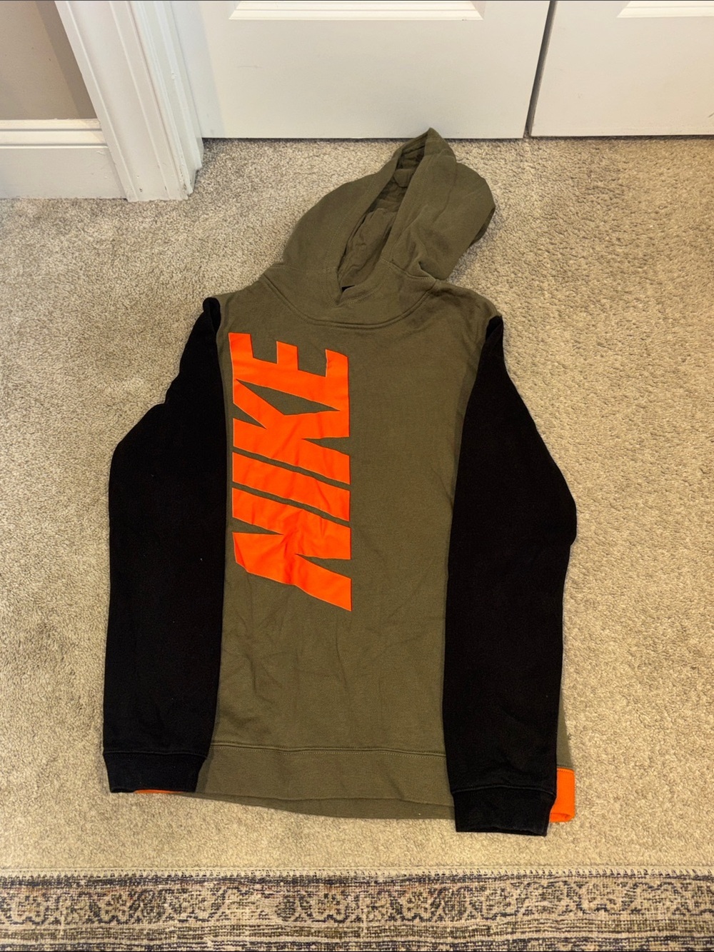 Nike Olive Green & Black Hoodie with Orange Vertical Logo